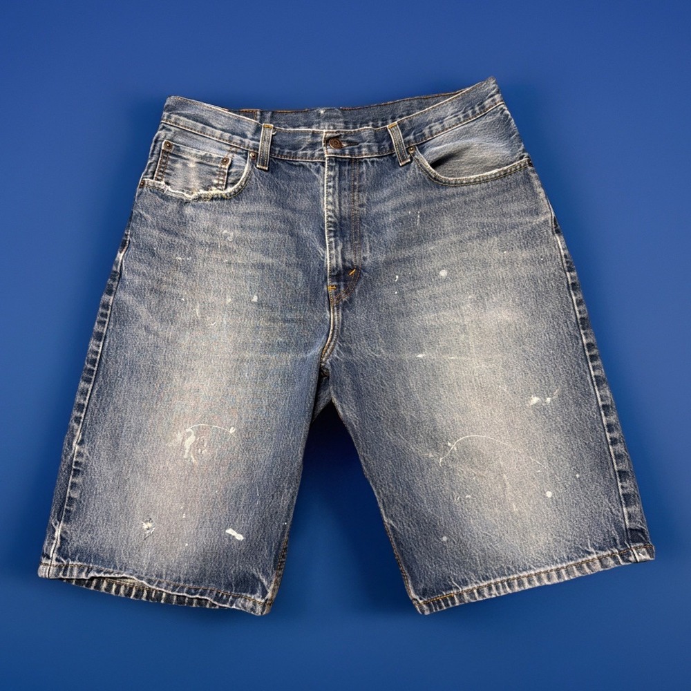Levis 569 Shorts Mens 34 Blue Loose Straight Jean Jorts Good Fade Paint Splatter